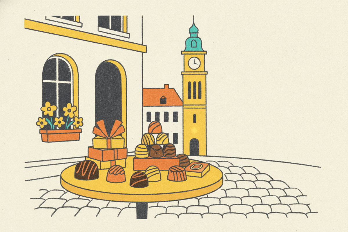 Editorial illustration for “Best places to buy chocolates from Brussels ?”.