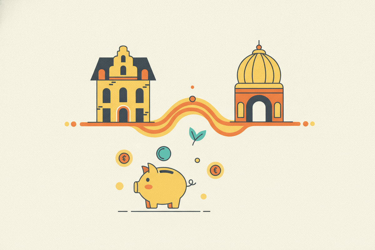 Editorial illustration for “Banking in Belgium for Indian Expats”.