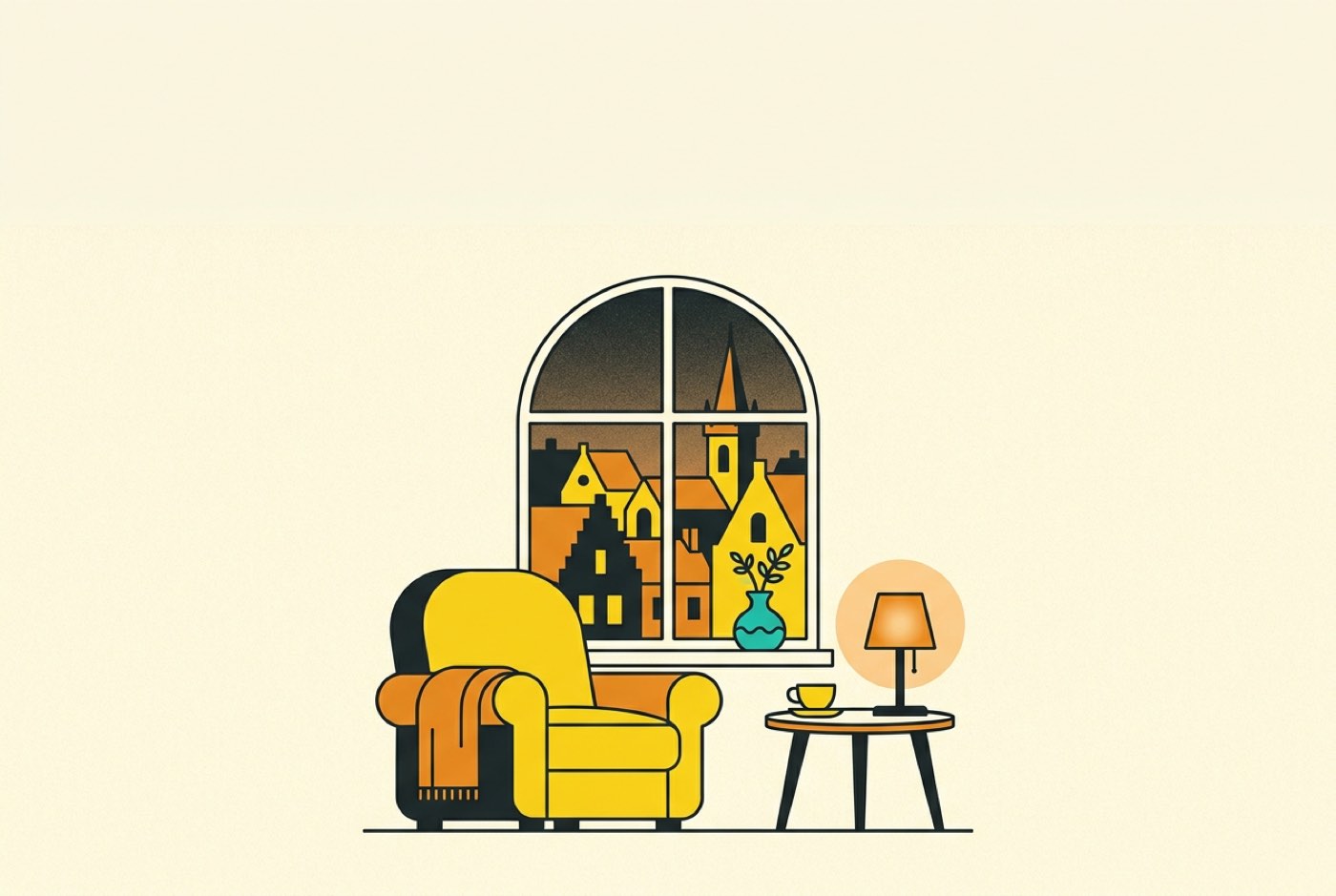 Illustration: a quiet window seat at dusk with an armchair, a folded blanket and a teacup, rooftops visible through the window.