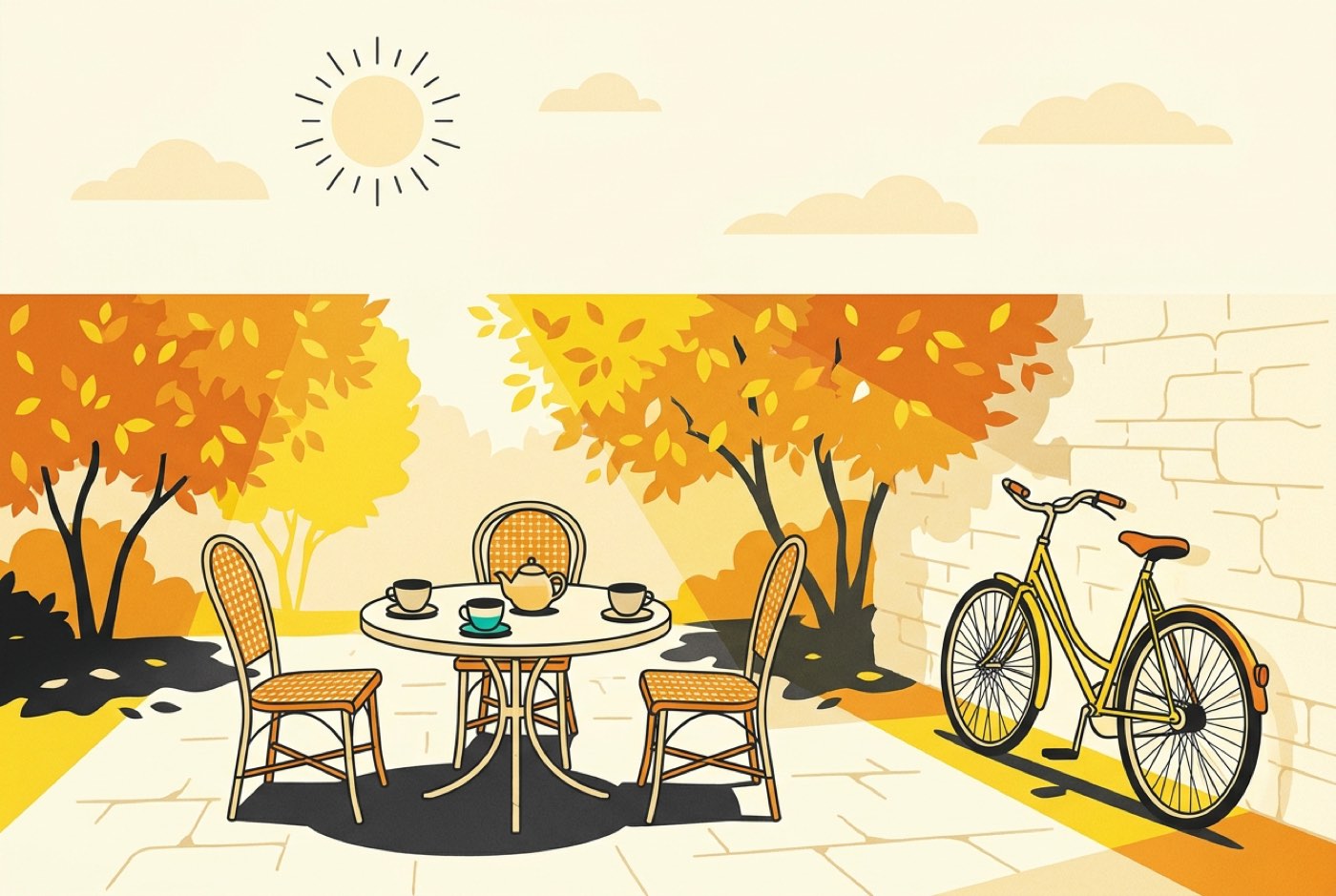 Illustration: a sunny Belgian courtyard garden with a small table, three empty chairs and a bicycle leaning against the wall.