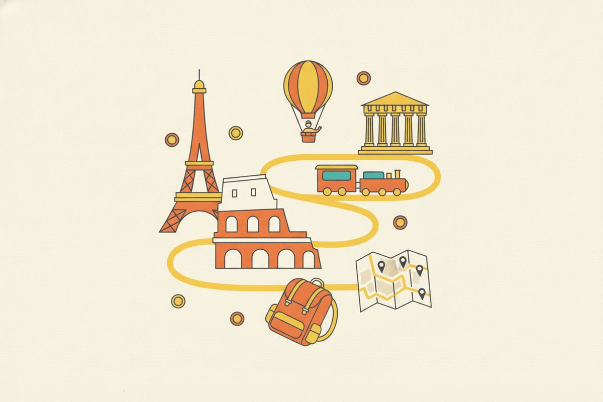 Editorial illustration for “Student Trips : Travel across Europe in budget”.