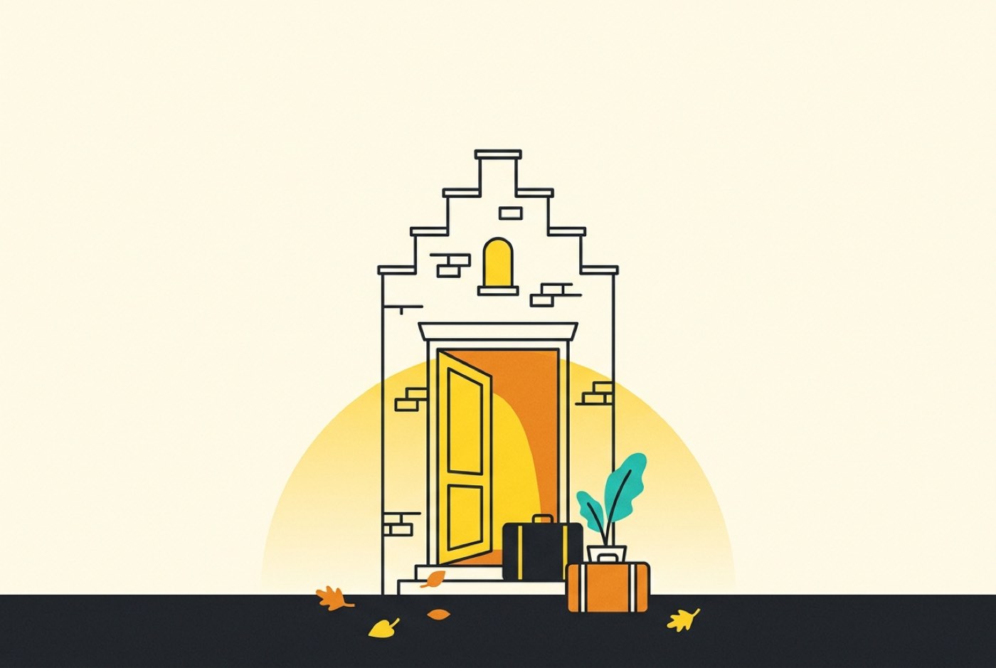 Illustration: the lit doorway of a Belgian brick townhouse with two suitcases set down on the step and autumn leaves on the pavement.