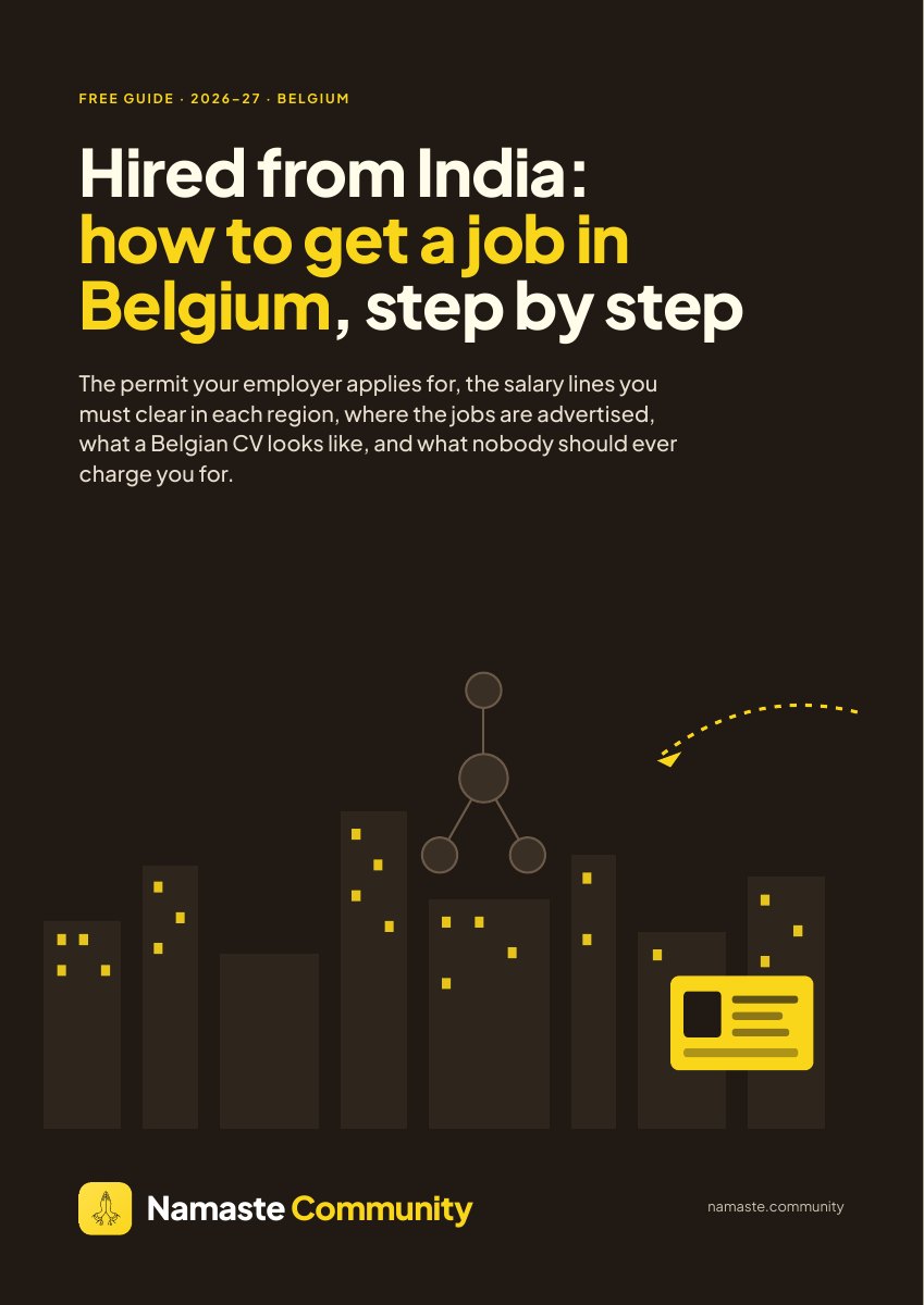 Cover of the guide: Hired from India: how to get a job in Belgium, step by step