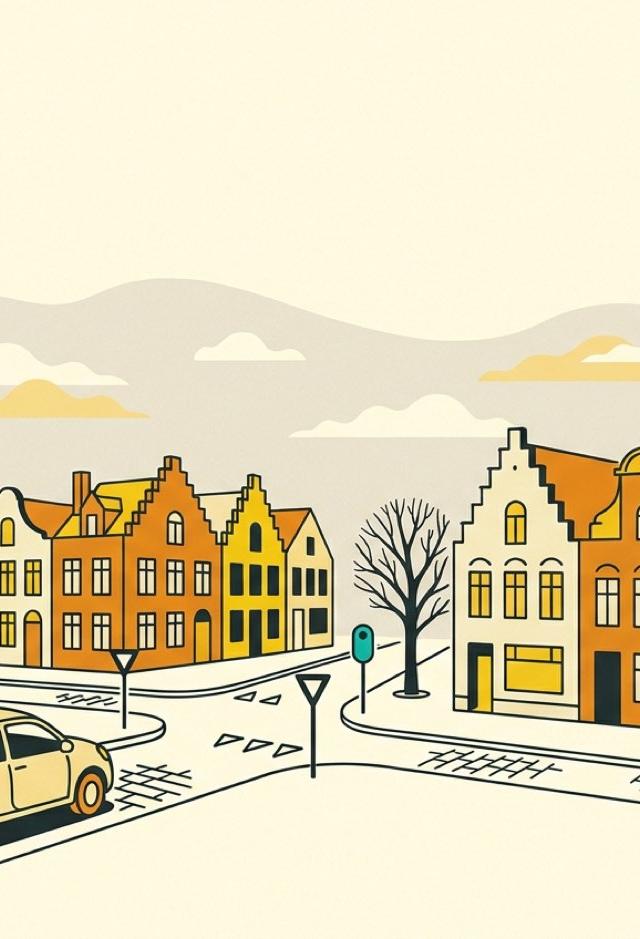 Illustration: a learner car with an L plate on a Belgian street of stepped-gable townhouses, approaching a give-way junction.