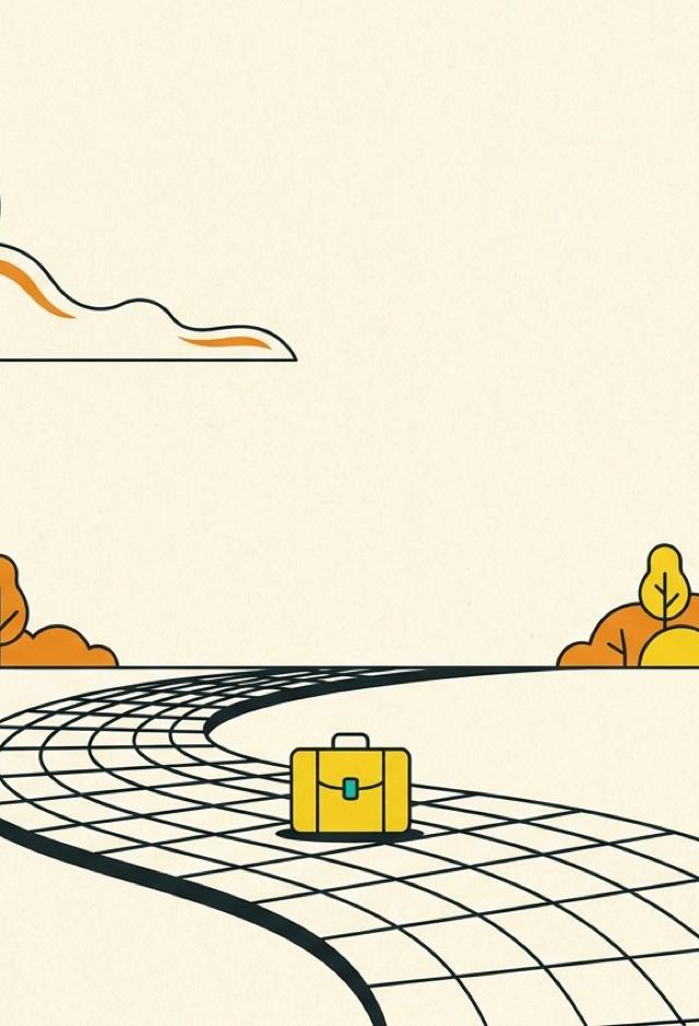 Illustration: two office buildings either side of a long curving path, with a single suitcase set down part-way along it.