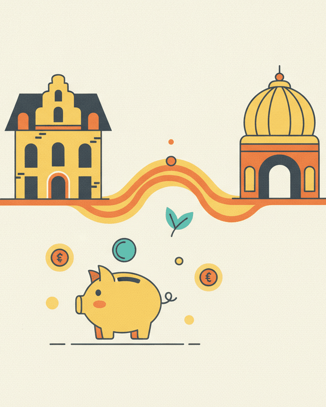 Editorial illustration for “Banking in Belgium for Indian Expats”.