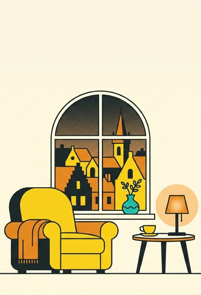 Illustration: a quiet window seat at dusk with an armchair, a folded blanket and a teacup, rooftops visible through the window.