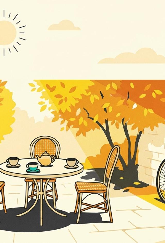 Illustration: a sunny Belgian courtyard garden with a small table, three empty chairs and a bicycle leaning against the wall.
