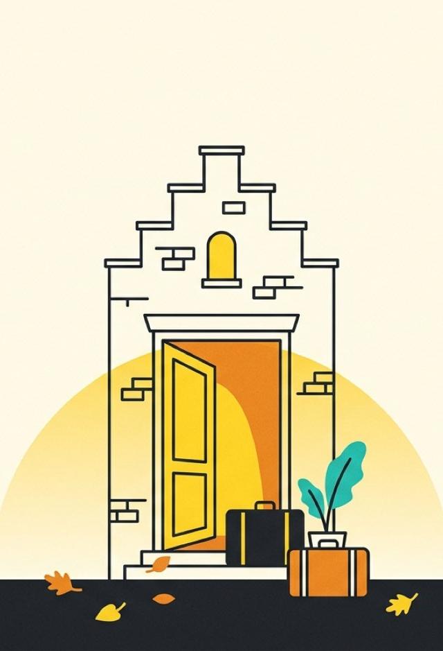Illustration: the lit doorway of a Belgian brick townhouse with two suitcases set down on the step and autumn leaves on the pavement.